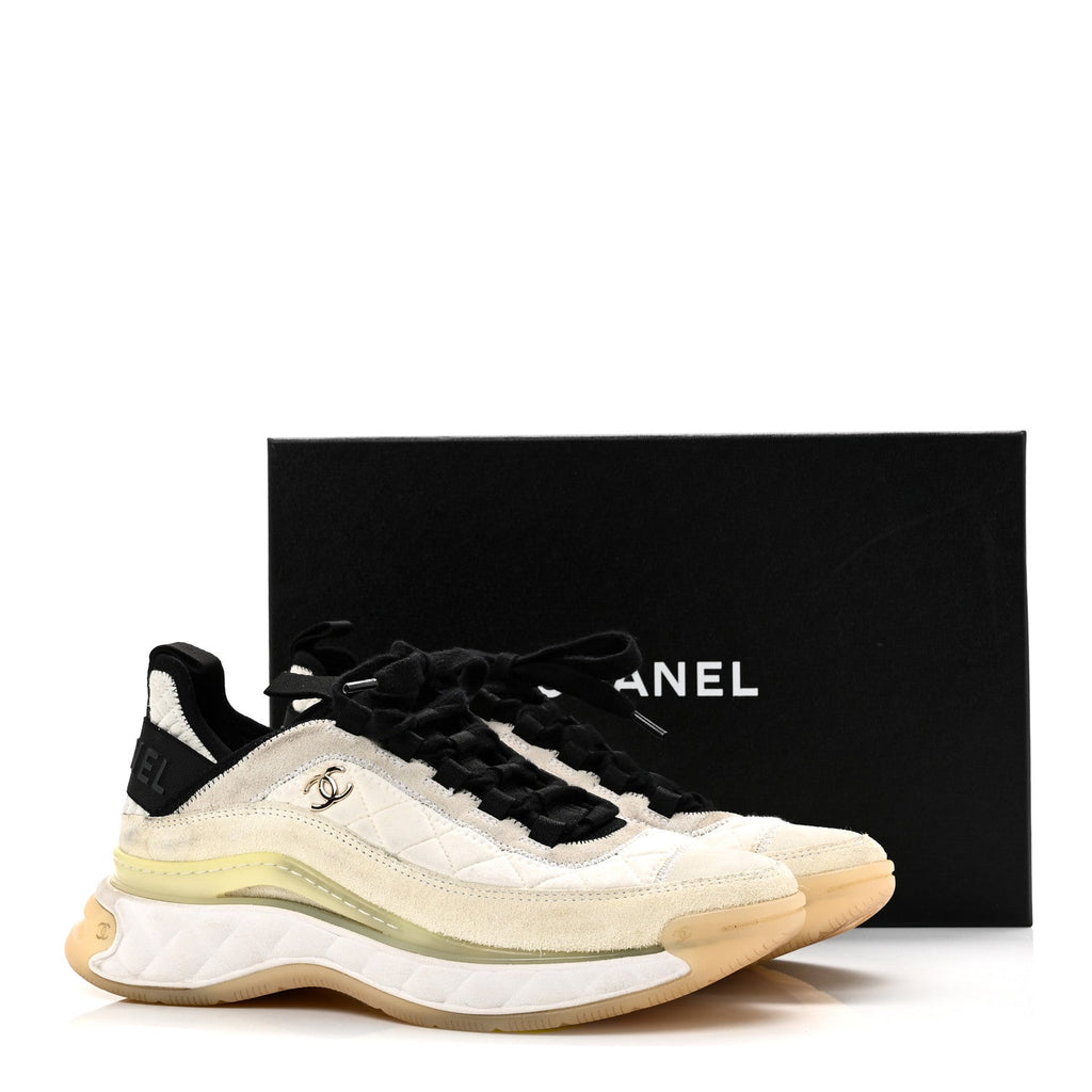 Fabric Suede Calfskin CC Sneakers 38.5 Ivory Black