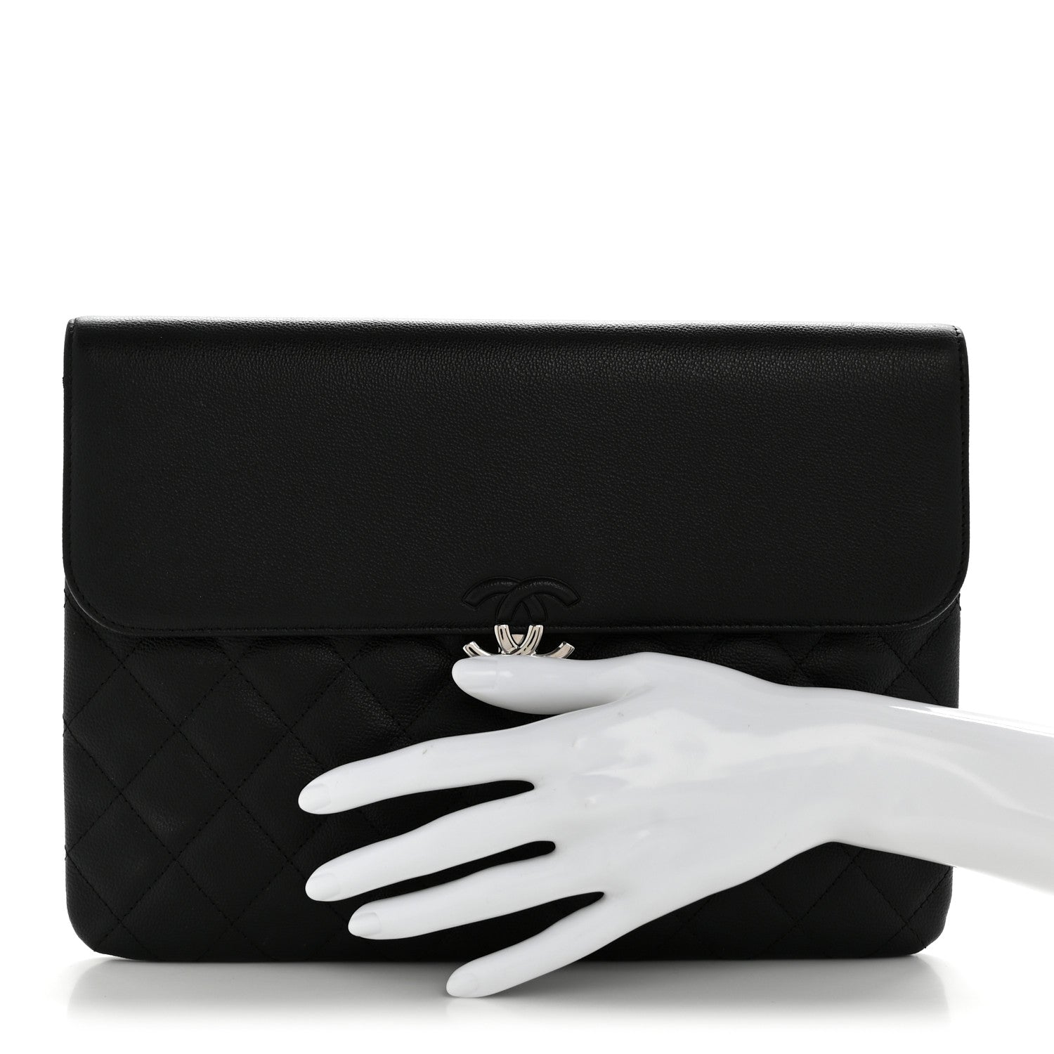 Grained Calfskin Quilted CC Box Pouch Black