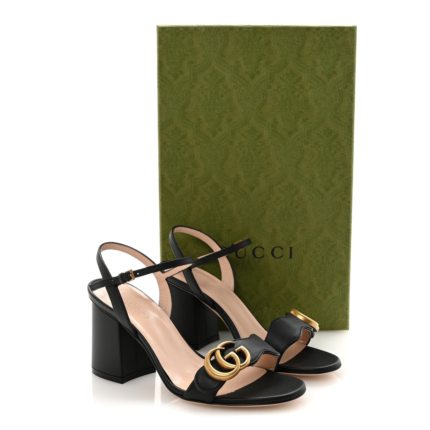 Gucci Lifford Calfskin GG Marmont Ankle Wrap 75mm Sandals 35 Black