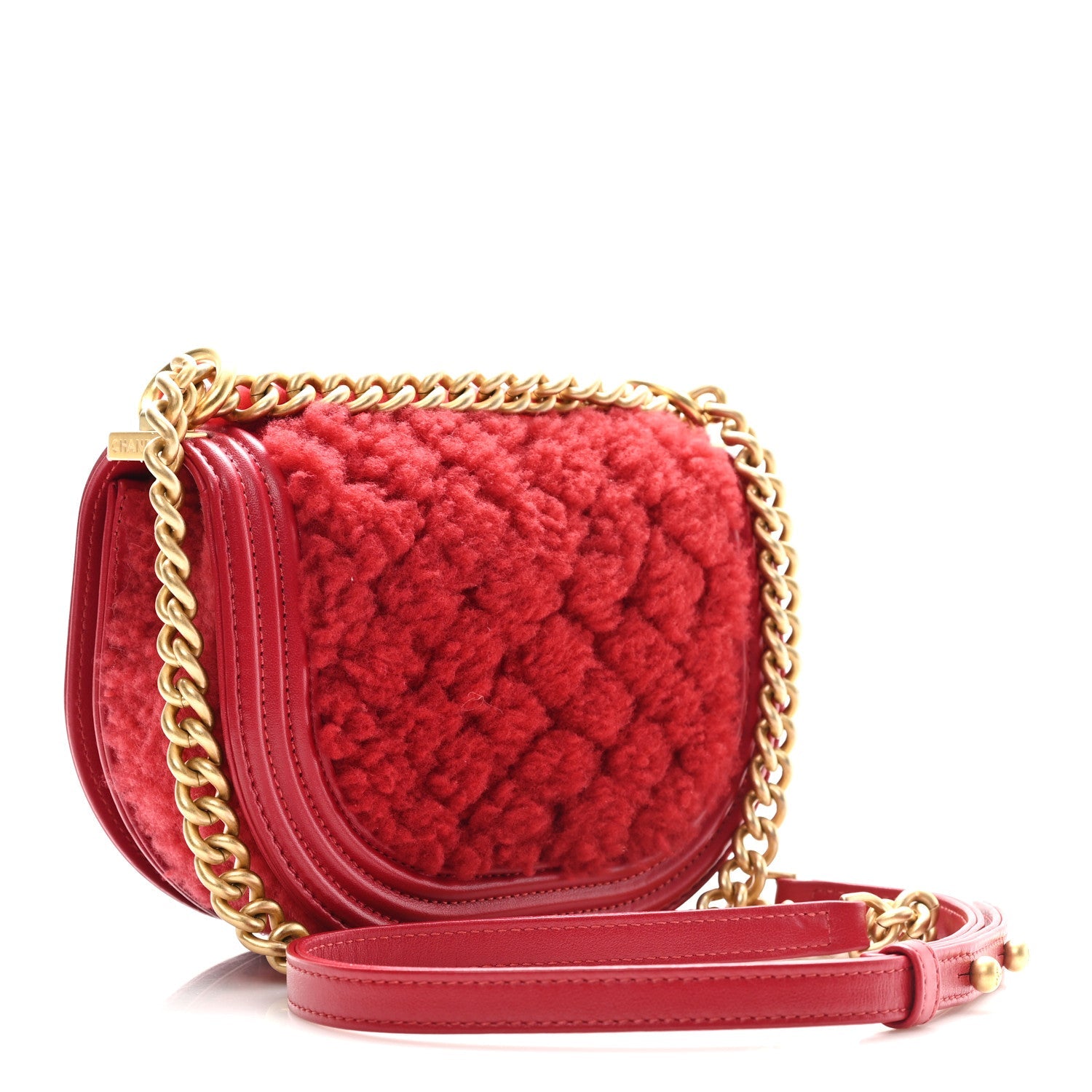 Chanel Calfskin Shearling Quilted Small Boy Messenger Bag Red