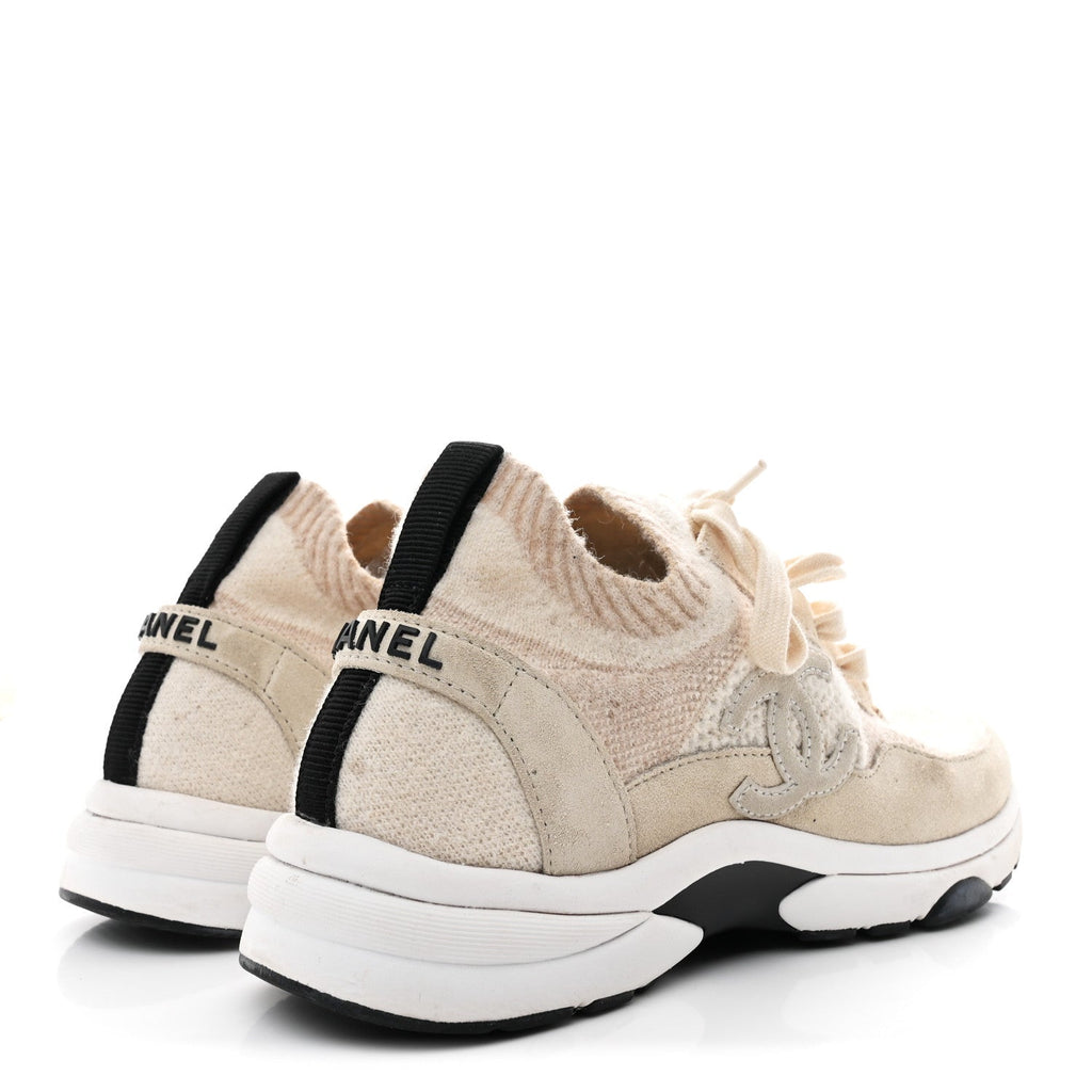 Knit Fabric Suede Calfskin Womens CC Sneakers 38.5 Ivory
