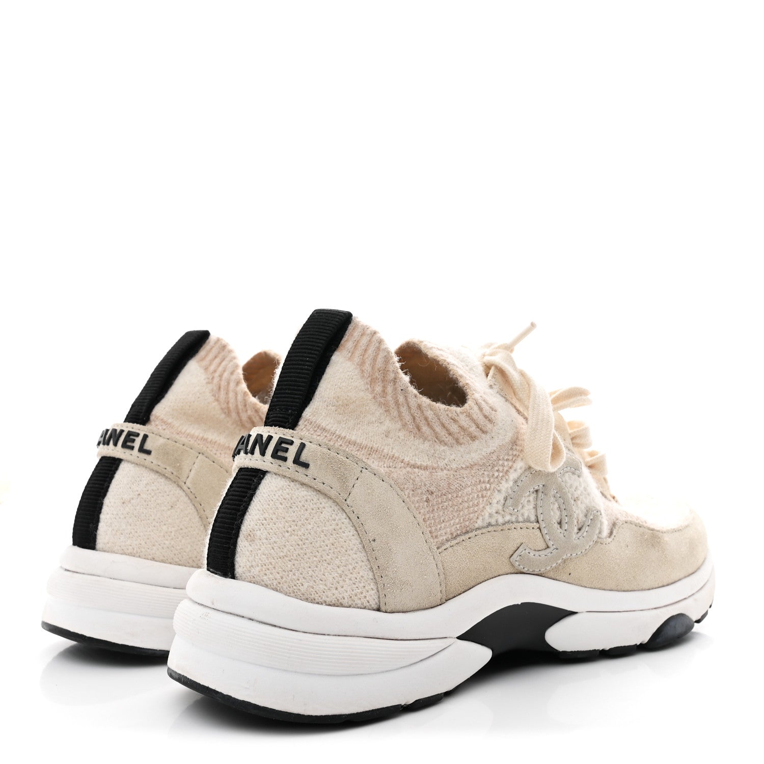 Knit Fabric Suede Calfskin Womens CC Sneakers 38.5 Ivory