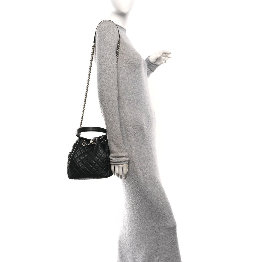 Chanel Lambskin Quilted CC Chain Drawstring Tote Black
