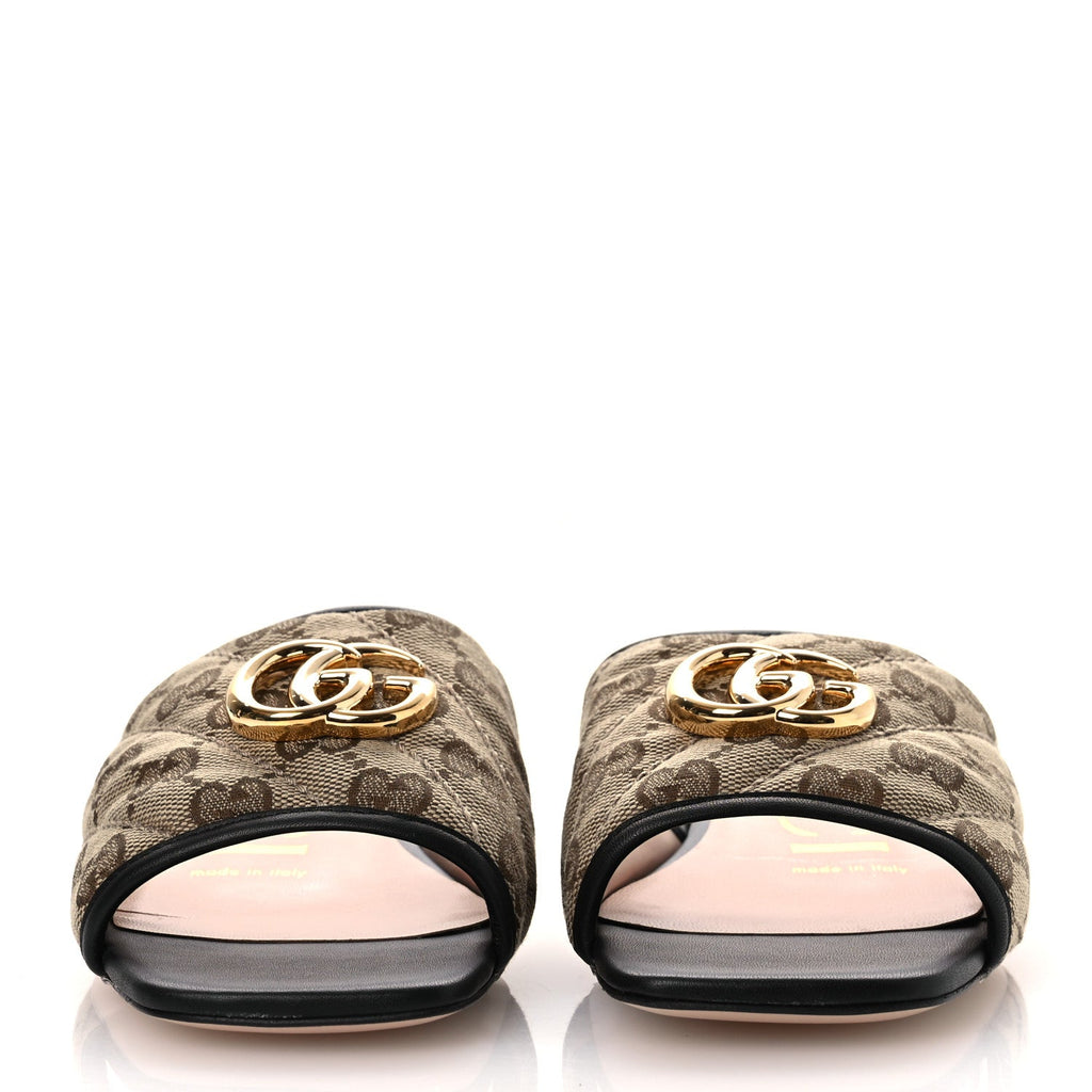 Gucci Monogram Matelasse Diagonal GG Marmont Flat Slide Sandals 35 Beige Ebony Black