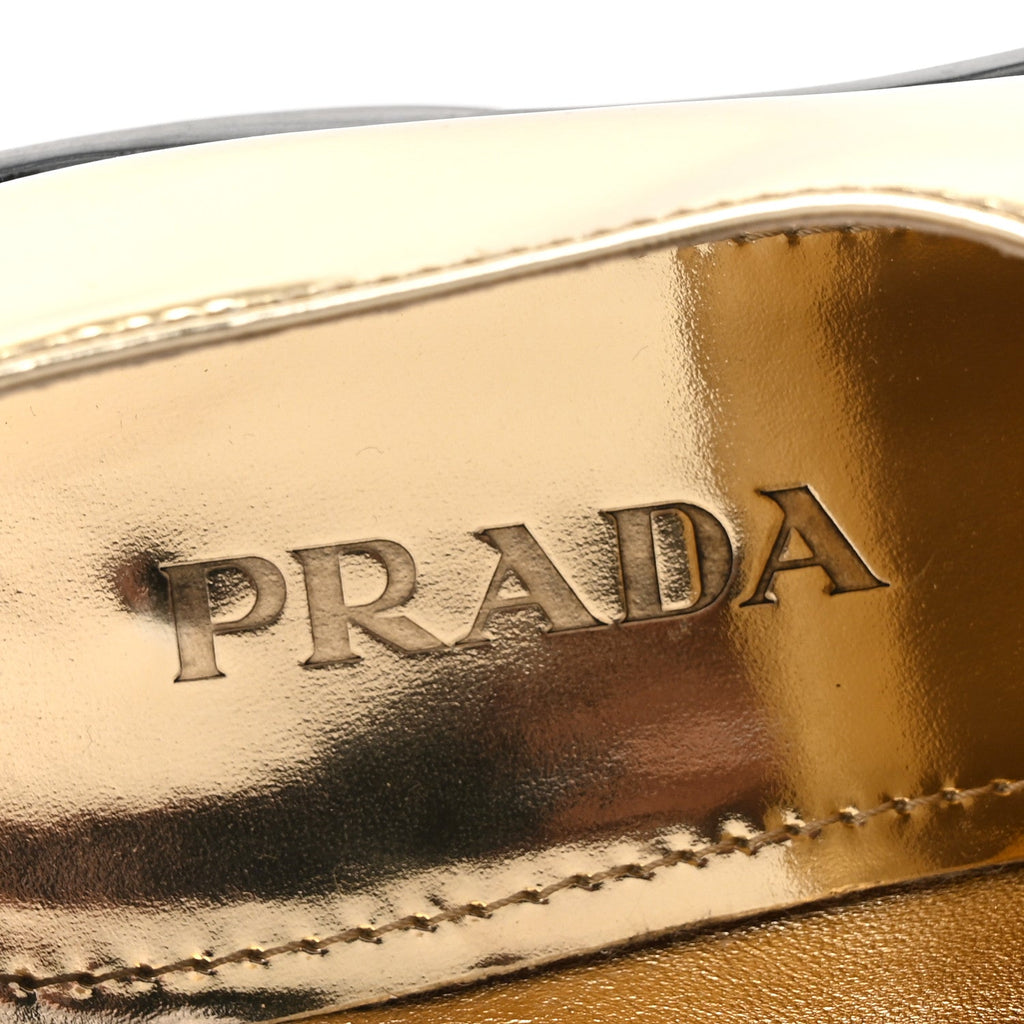 Prada Metallic Brushed Calfskin Metal Triangle Logo 50mm Loafers 39.5 Platino
