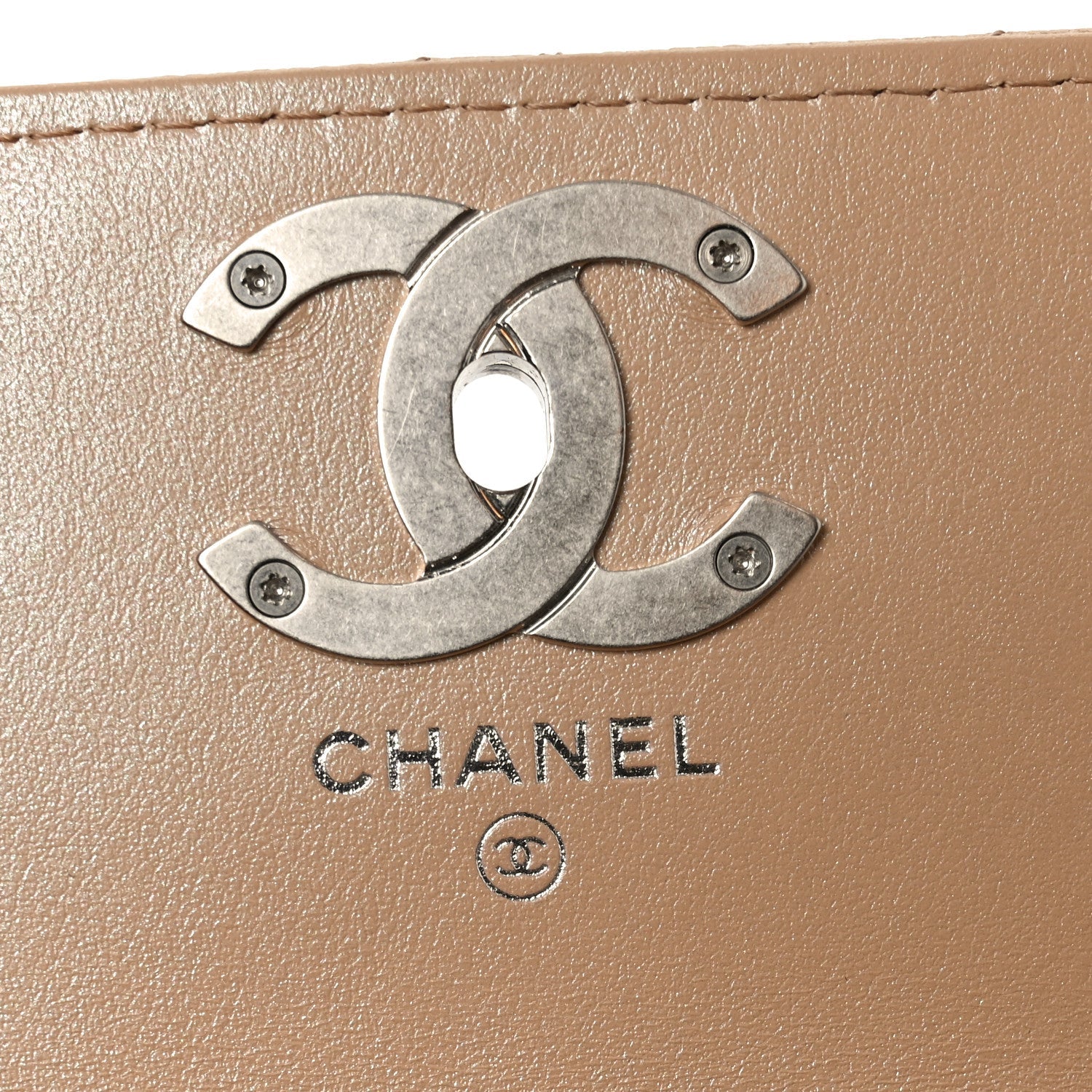 Chanel Iridescent Caviar Quilted Camellia Phone Holder With Chain Beige