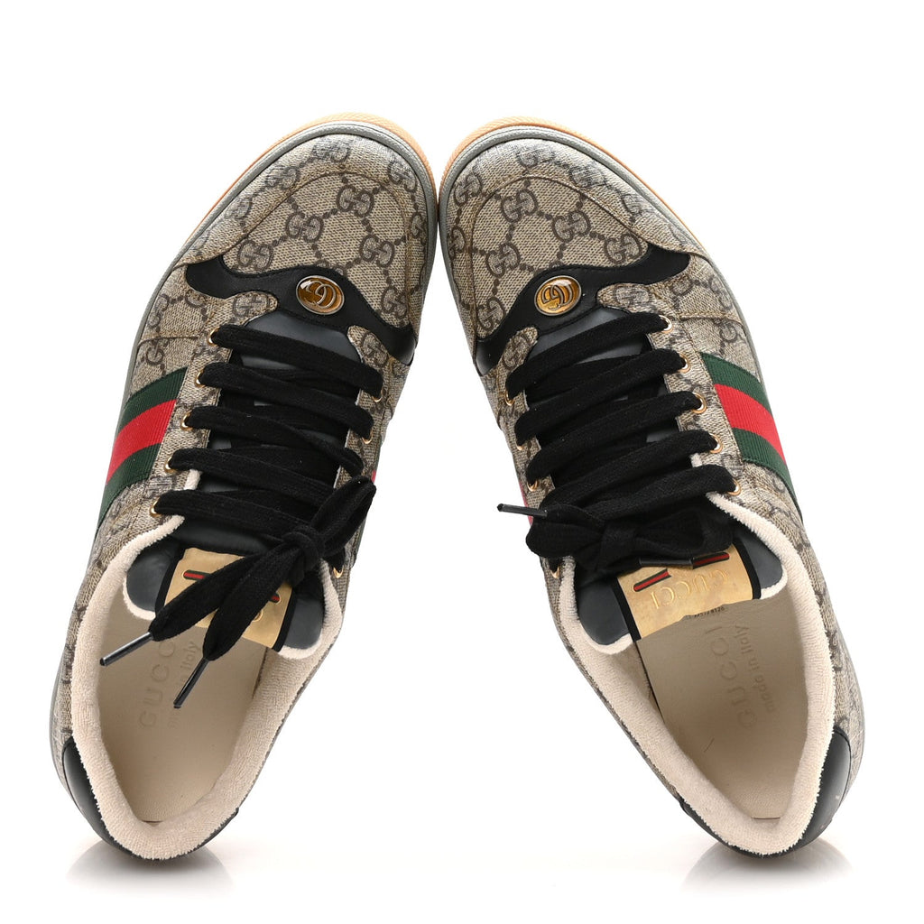 Gucci GG Supereme Monogram Miro Soft Calfskin Web Mens Screener Sneakers 9 Beige Ebony Black New Platinum