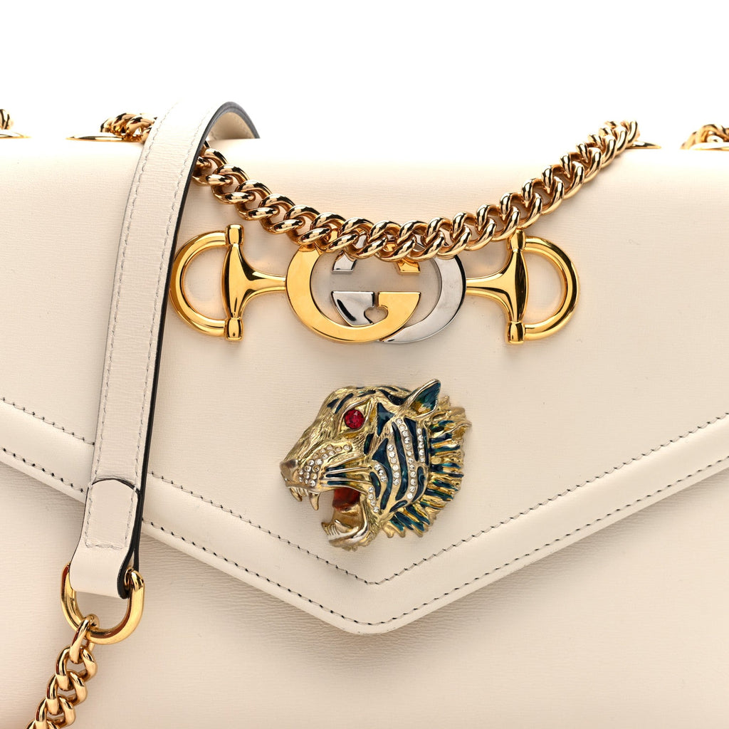 Gucci Vitello Palmellato Lux Crystal Medium Rajah Shoulder Bag Mystic White Multicolor