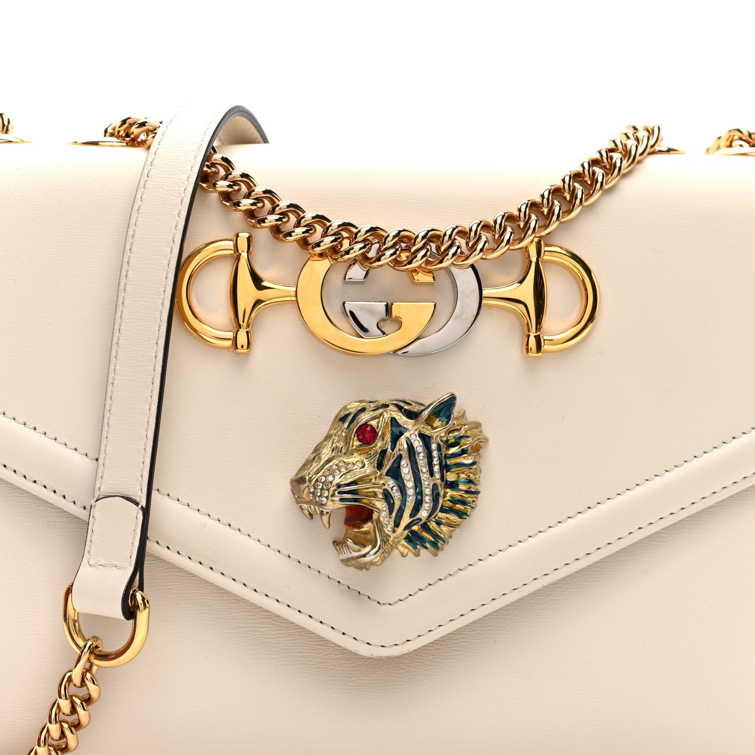Gucci Vitello Palmellato Lux Crystal Medium Rajah Shoulder Bag Mystic White Multicolor