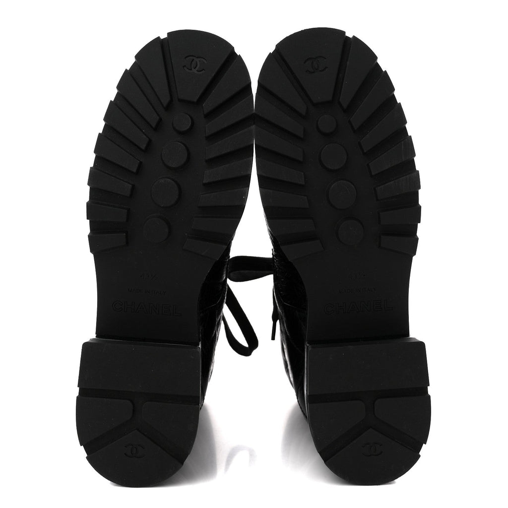 Crumpled Patent Lambskin Calfskin Quilted Lace Up Combat Boots 41.5 Black