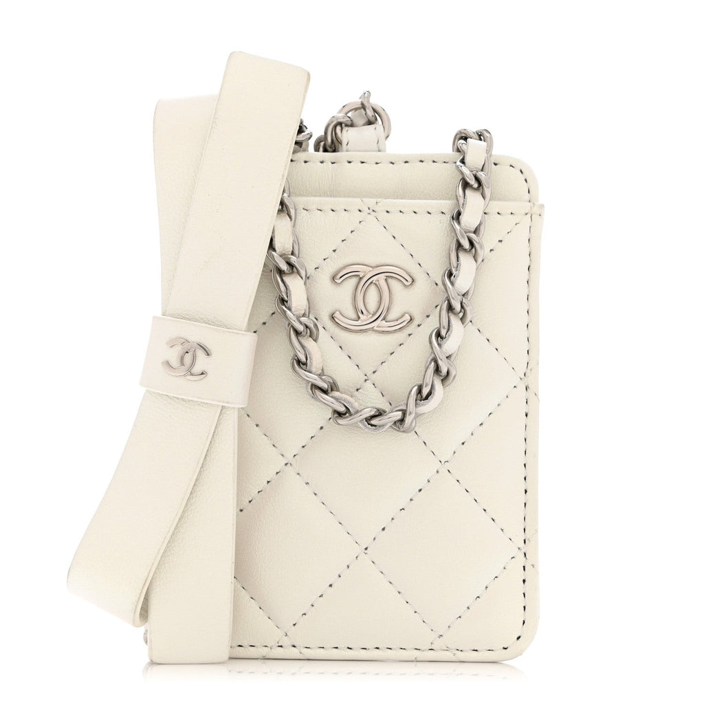 Iridescent Lambskin Quilted Coco Bow Card Holder On Chain White