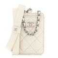 Iridescent Lambskin Quilted Coco Bow Card Holder On Chain White