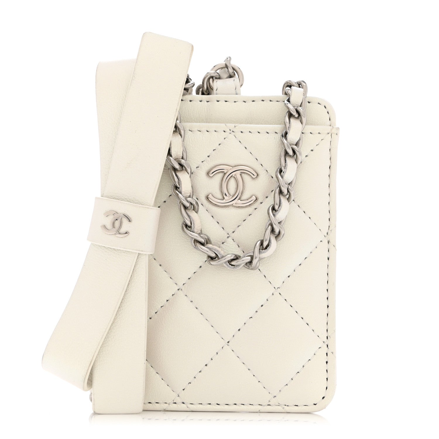 Iridescent Lambskin Quilted Coco Bow Card Holder On Chain White