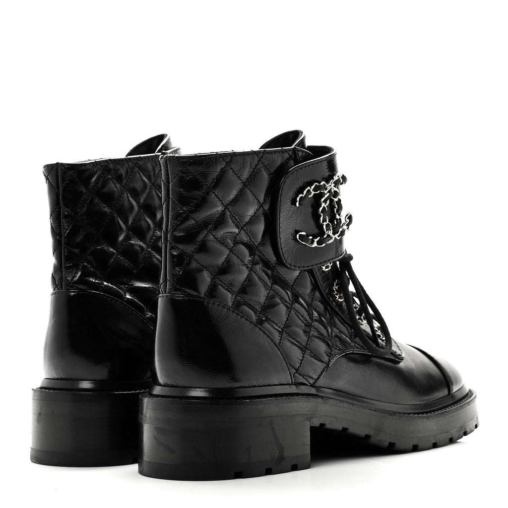 Chanel Shiny Lambskin Quilted Lace Up Combat Boots 38.5 Black