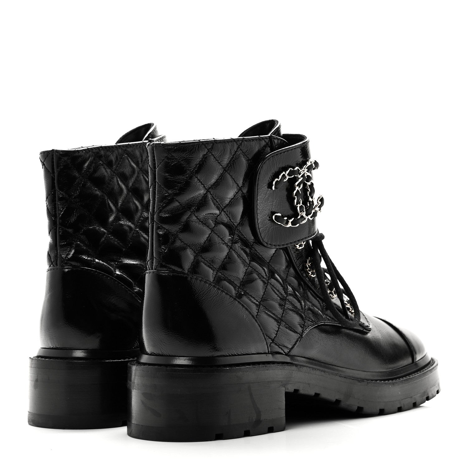 Chanel Shiny Lambskin Quilted Lace Up Combat Boots 38.5 Black