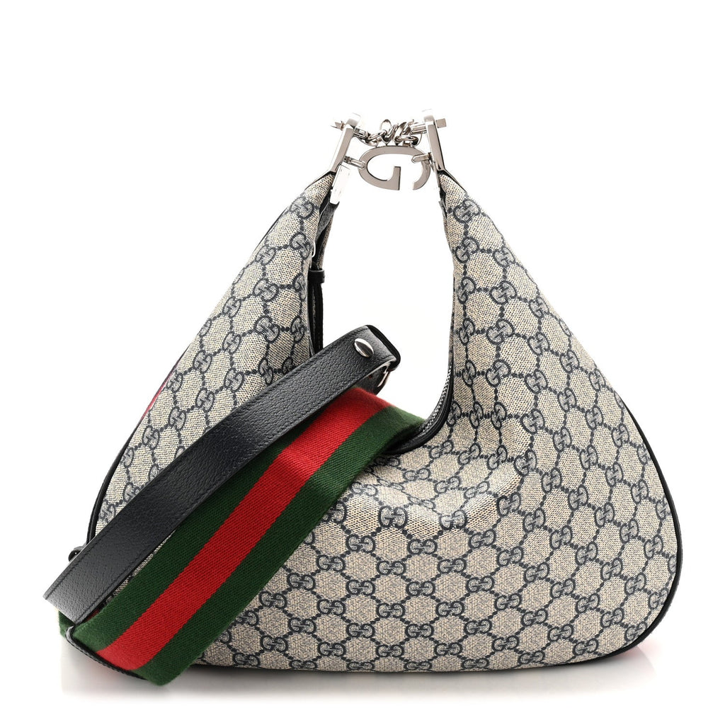 Gucci GG Supreme Monogram Textured Calfskin Web Large Attache Shoulder Bag Beige Blue
