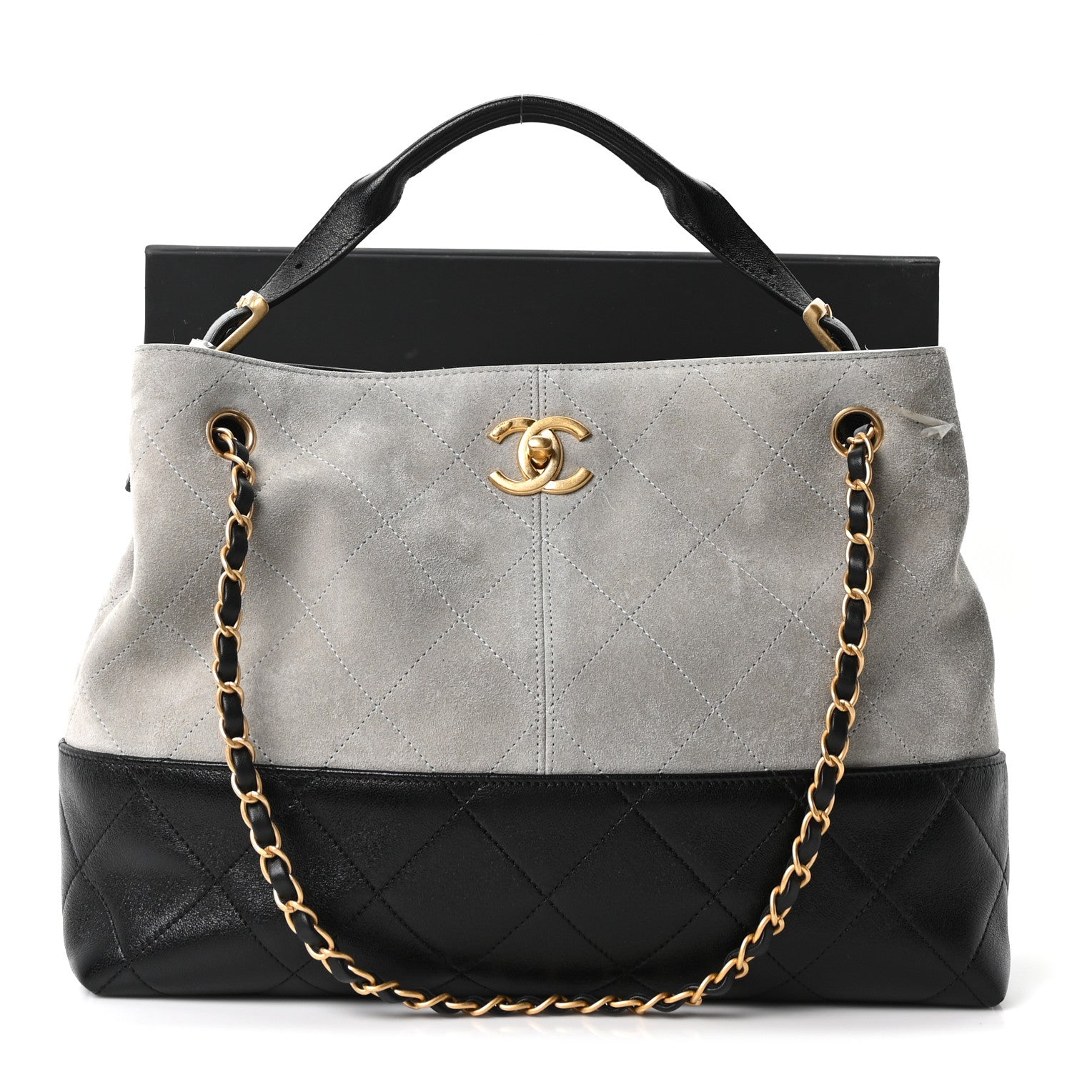 Chanel Suede Calfskin Shiny Lambskin Quilted Small Coco Base Shopping Bag Grey Black