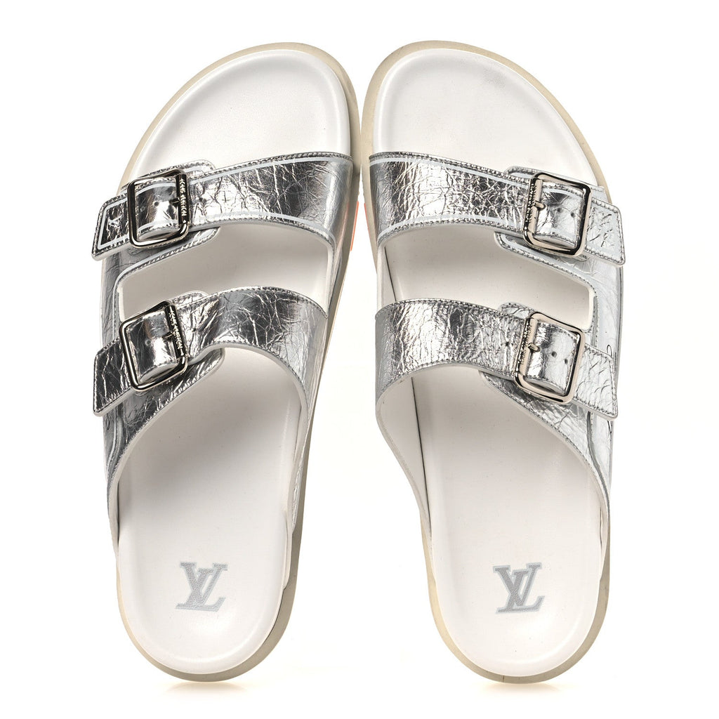 Louis Vuitton Metallic Mix Materials Mens LV Script Trainer Mules 11 Silver Multicolor