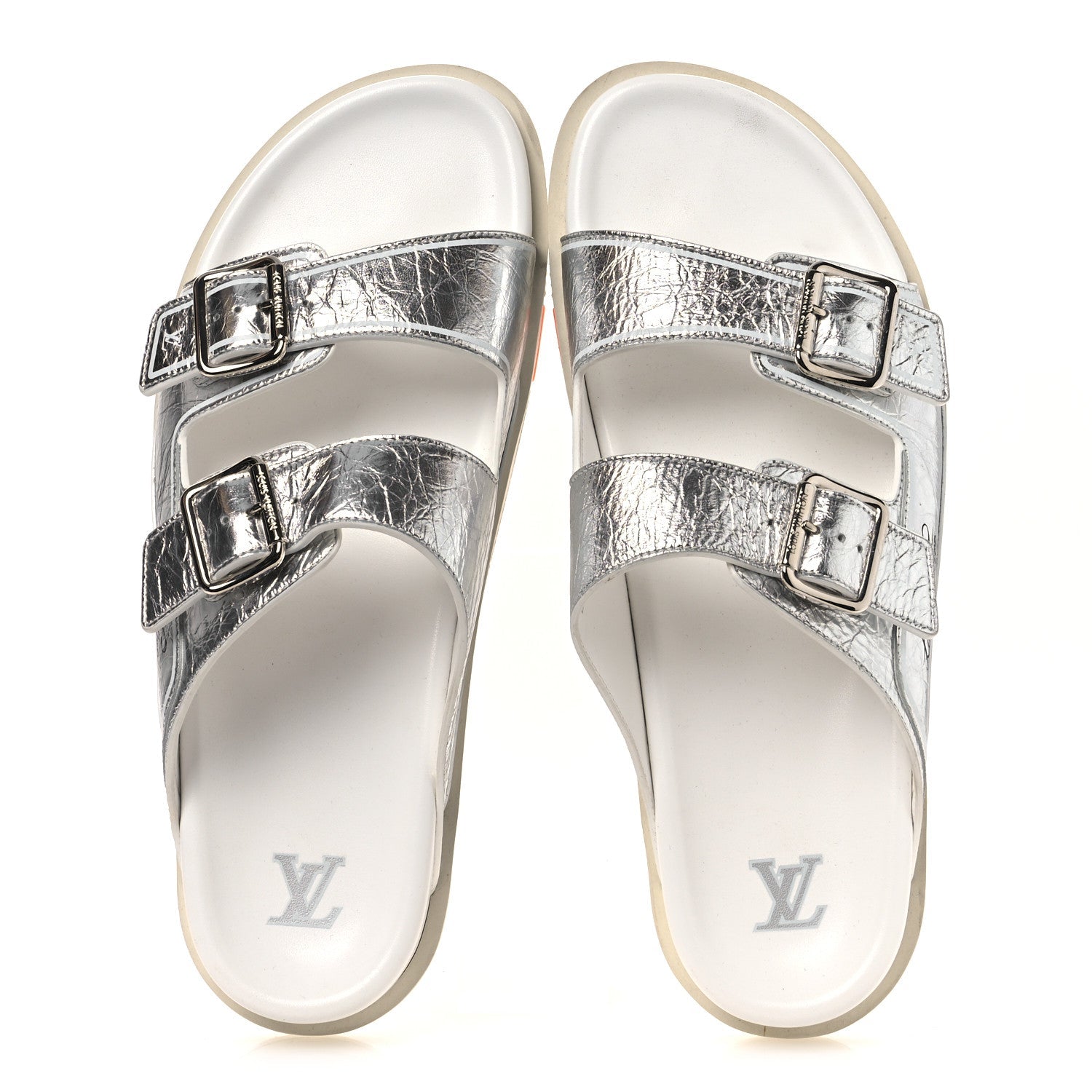 Louis Vuitton Metallic Mix Materials Mens LV Script Trainer Mules 11 Silver Multicolor