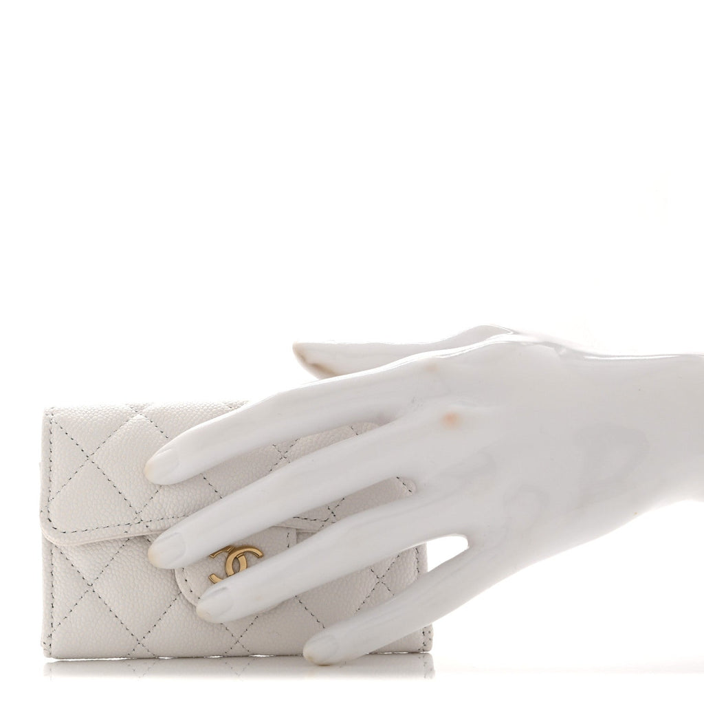 Caviar Quilted Flap Card Holder Wallet White