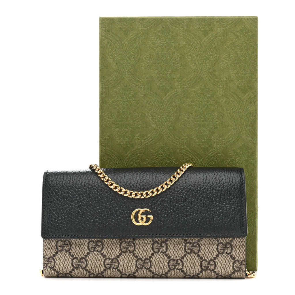 Gucci Dollar Calfskin GG Supreme Monogram Petite GG Marmont Wallet Chain Bag Black Beige Ebony