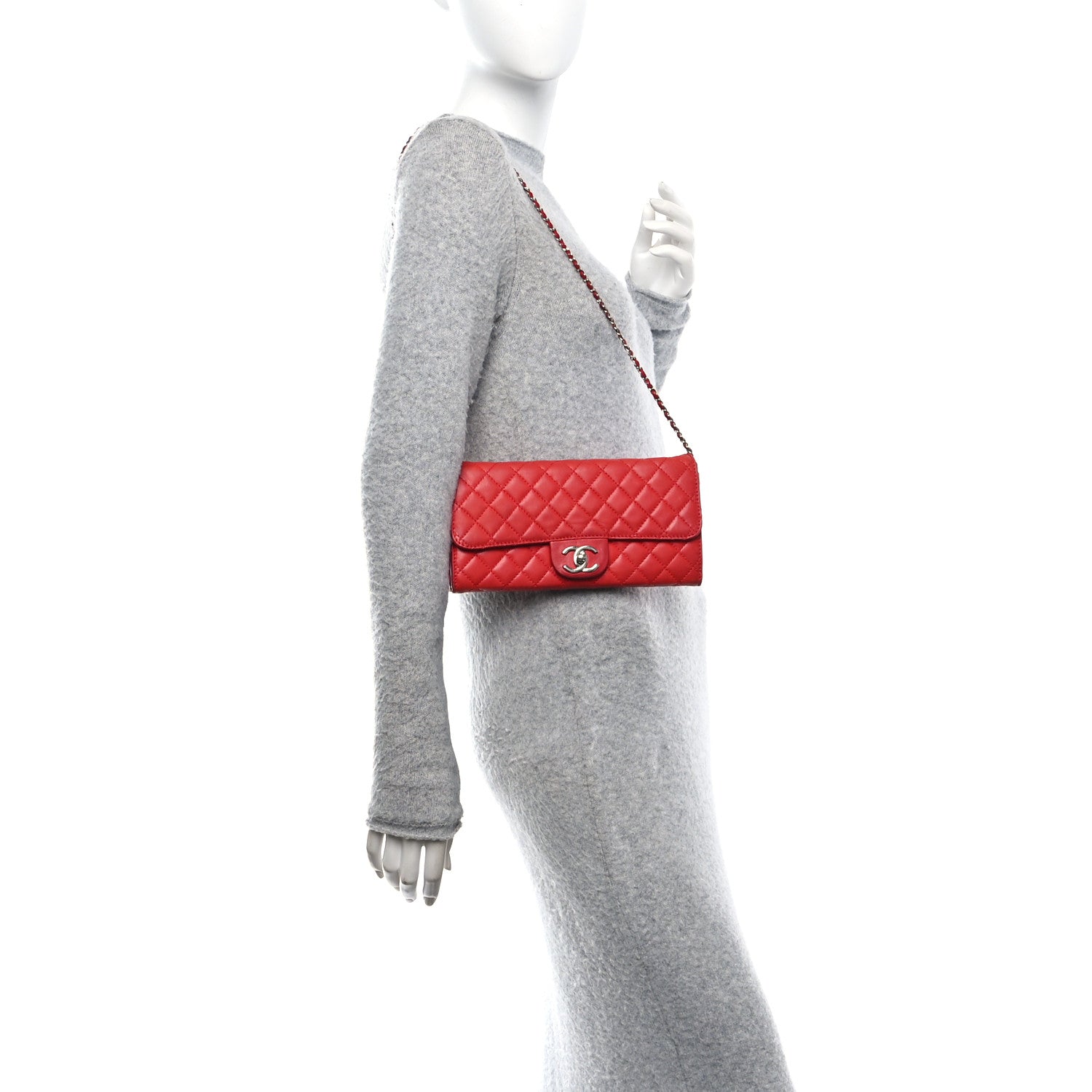 Chanel Lambskin Quilted Chain Clutch Flap Red