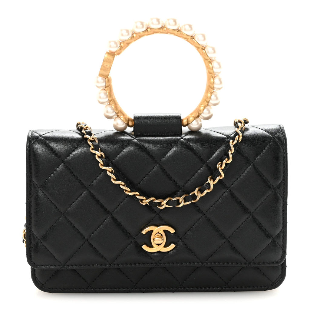 Chanel Lambskin Quilted Pearl Crown Wallet On Chain WOC Black