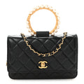 Chanel Lambskin Quilted Pearl Crown Wallet On Chain WOC Black