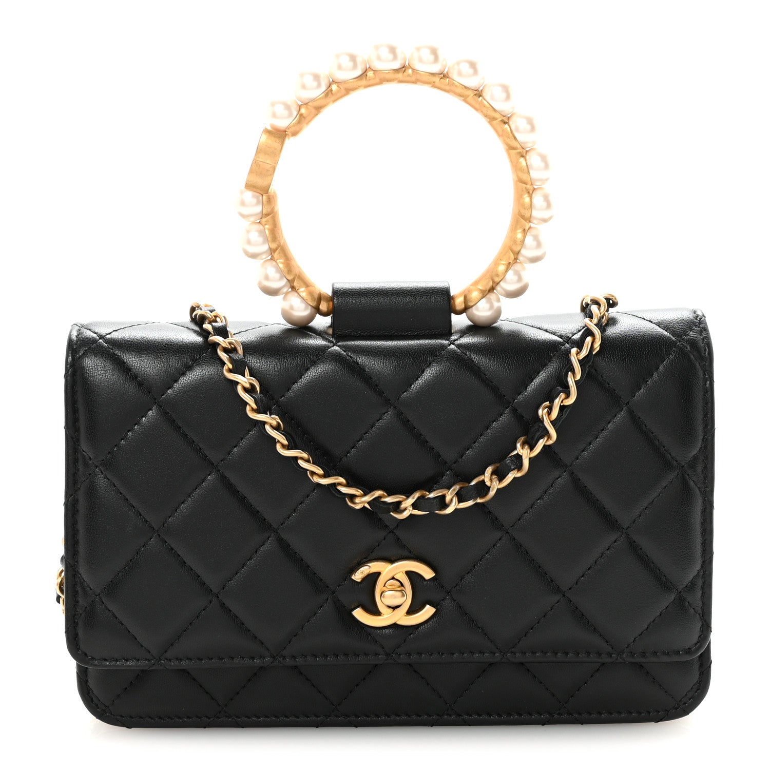 Chanel Lambskin Quilted Pearl Crown Wallet On Chain WOC Black