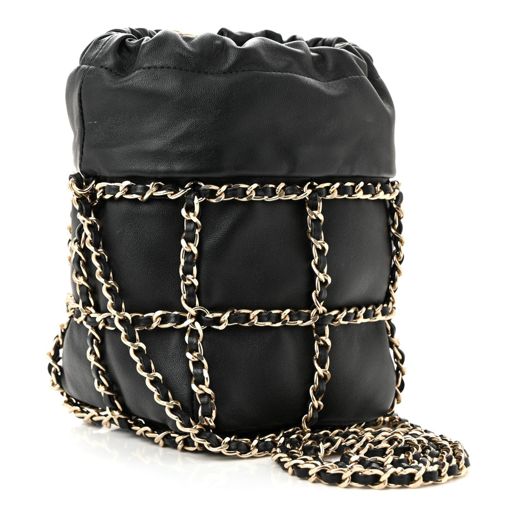 Chanel Lambskin Bucket Chain Drawstring Bag Black