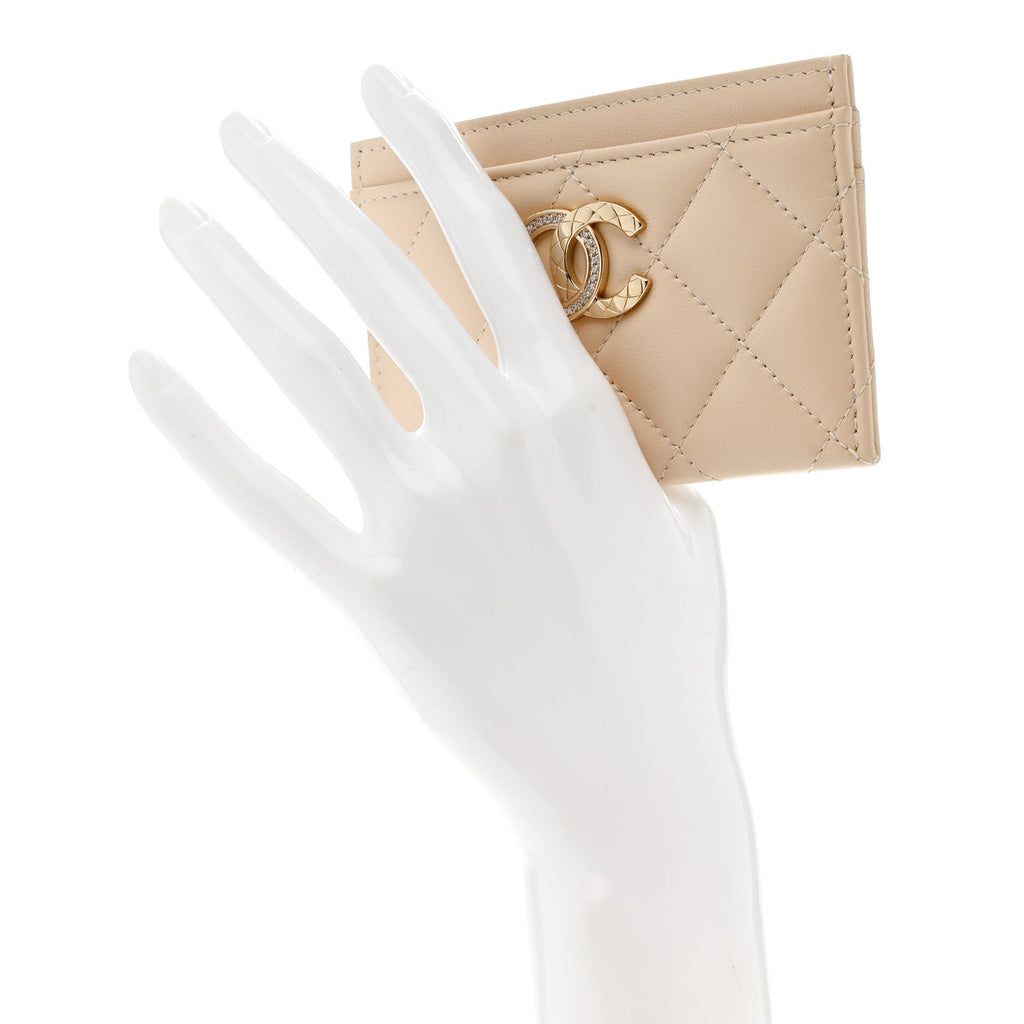 Lambskin Quilted Crystal CC Card Holder Beige