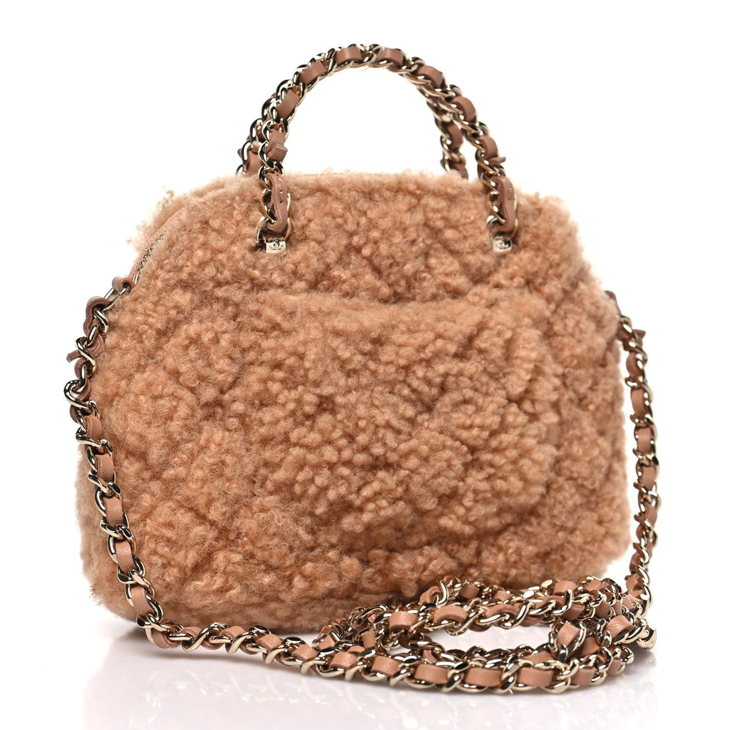 Chanel Shearling Quilted Shiny Coco Clutch With Chain Dark Beige
