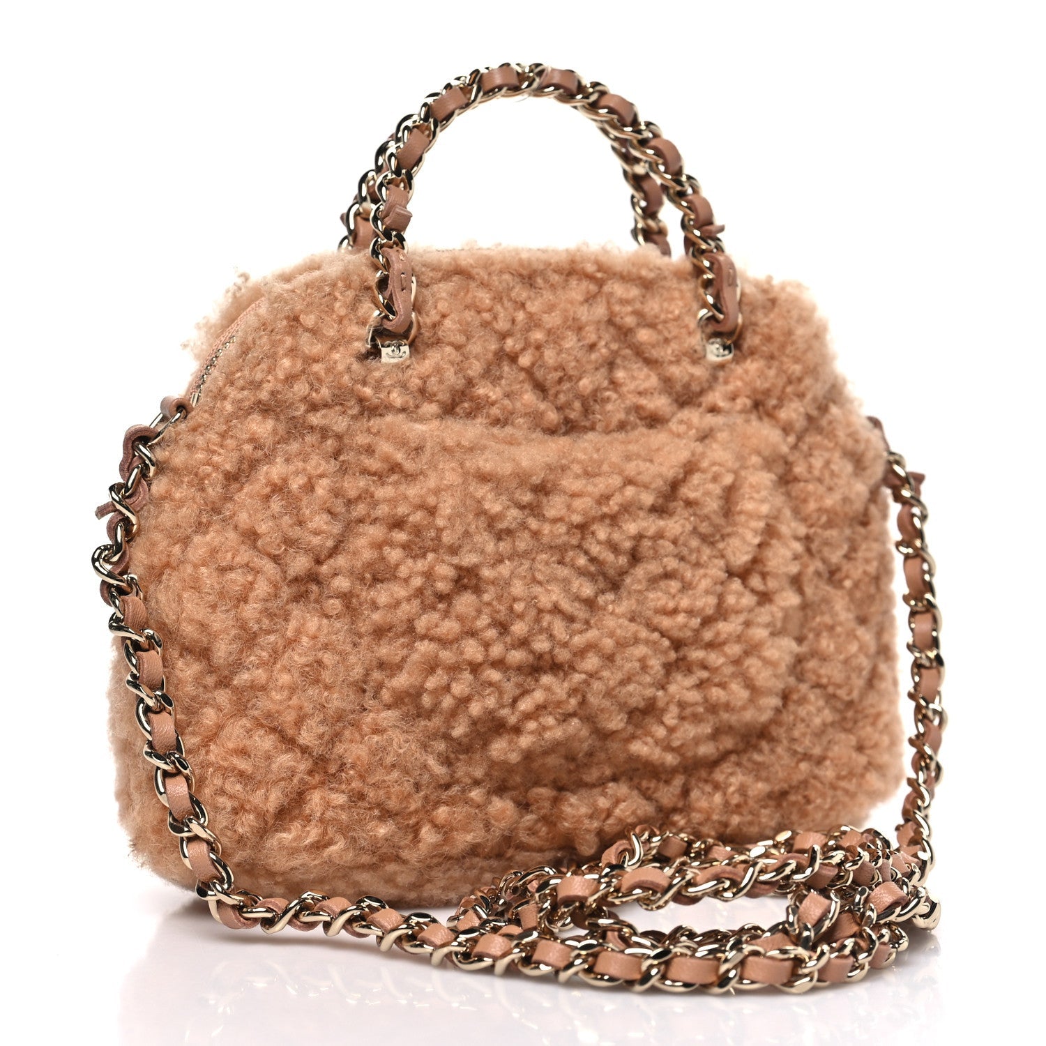 Chanel Shearling Quilted Shiny Coco Clutch With Chain Dark Beige