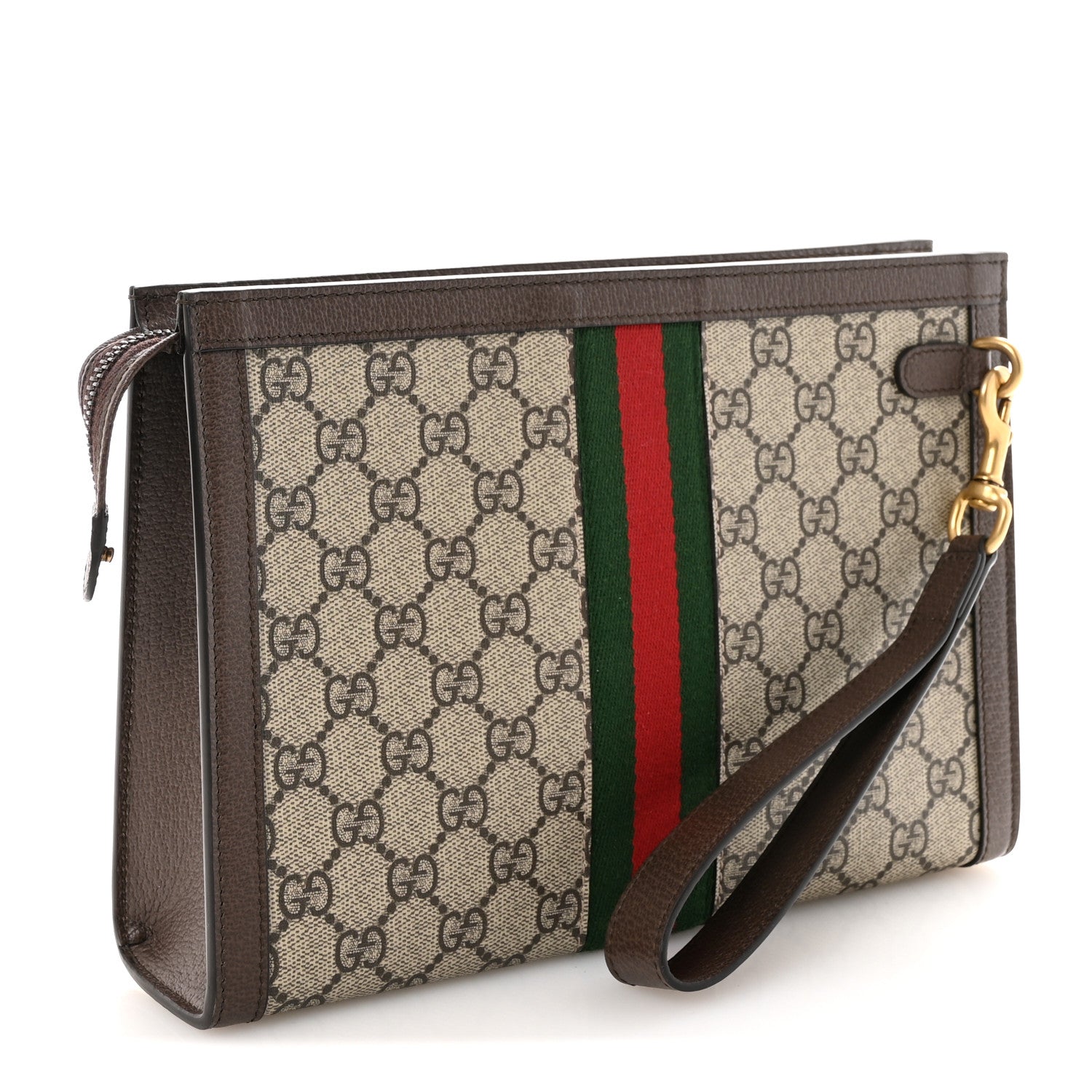Gucci GG Supreme Monogram Textured Dollar Calfskin Web Small Ophidia Wristlet Pouch Beige Ebony New Acero