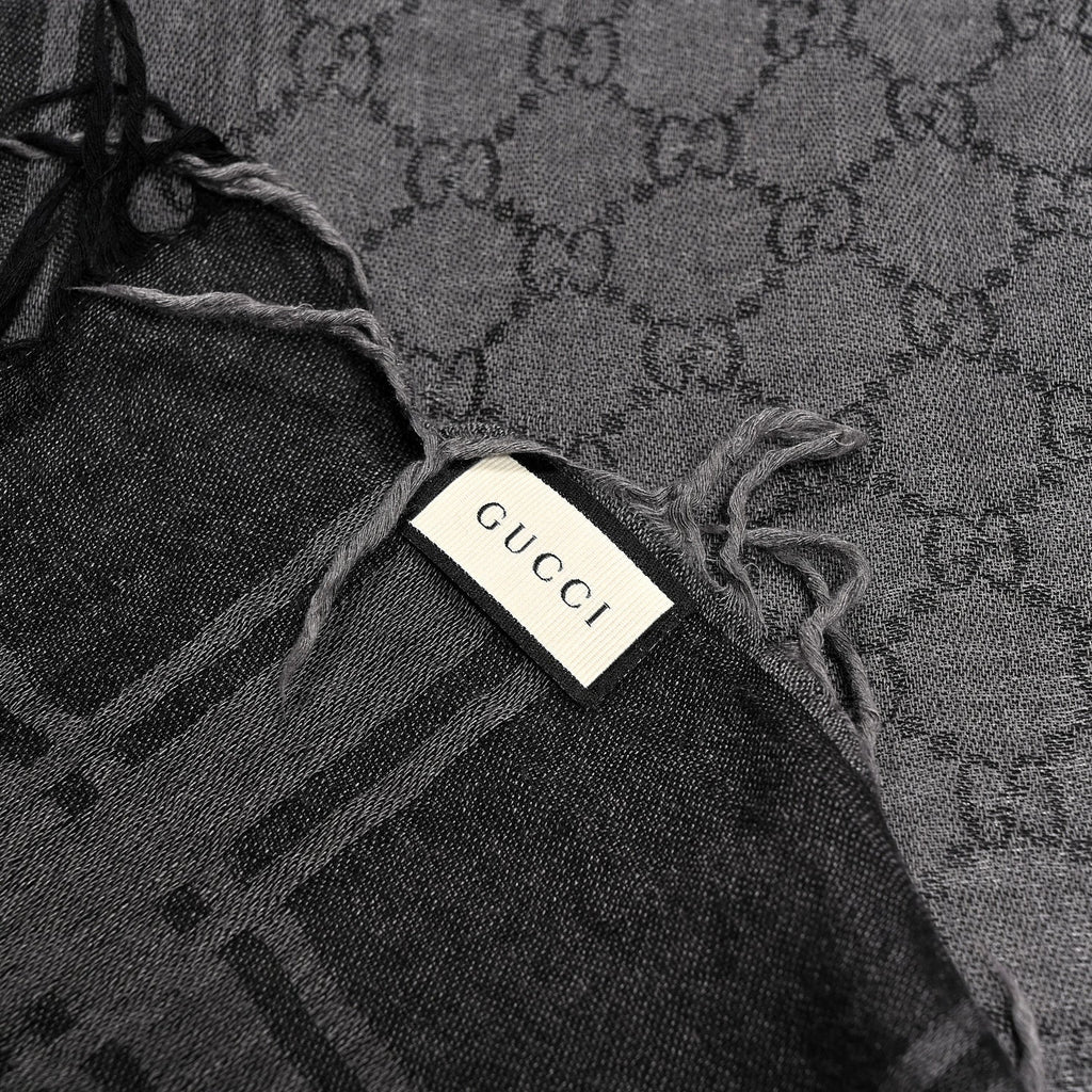 Gucci Wool Silk GG Monogram Diamante Plaid Surviee Shawl Graphite Black