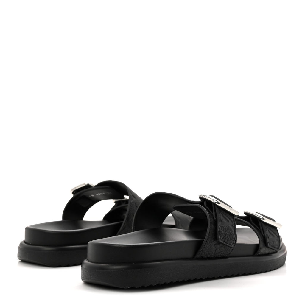 Louis Vuitton Grained Calfskin Embossed Monogram Mens Venice Mule Sandals 11 Black