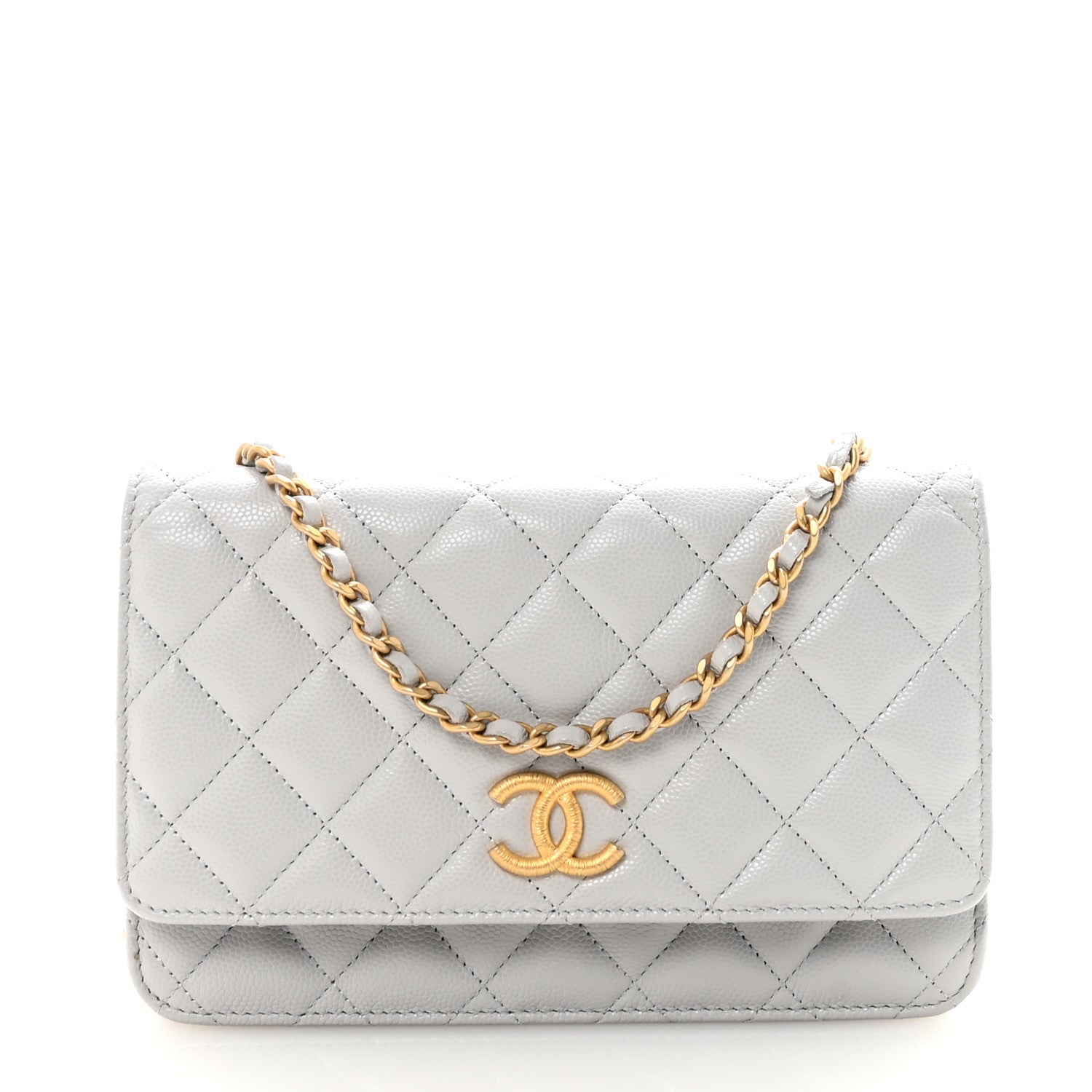 Chanel Caviar Quilted Textured CC Wallet on Chain WOC Grey