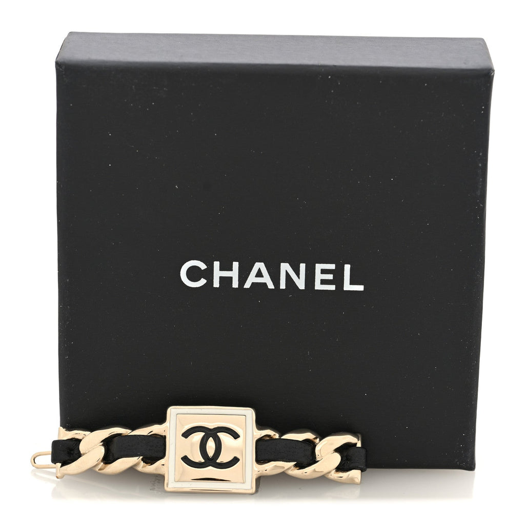 Metal Lambskin CC Square Hair Clip Gold White Black