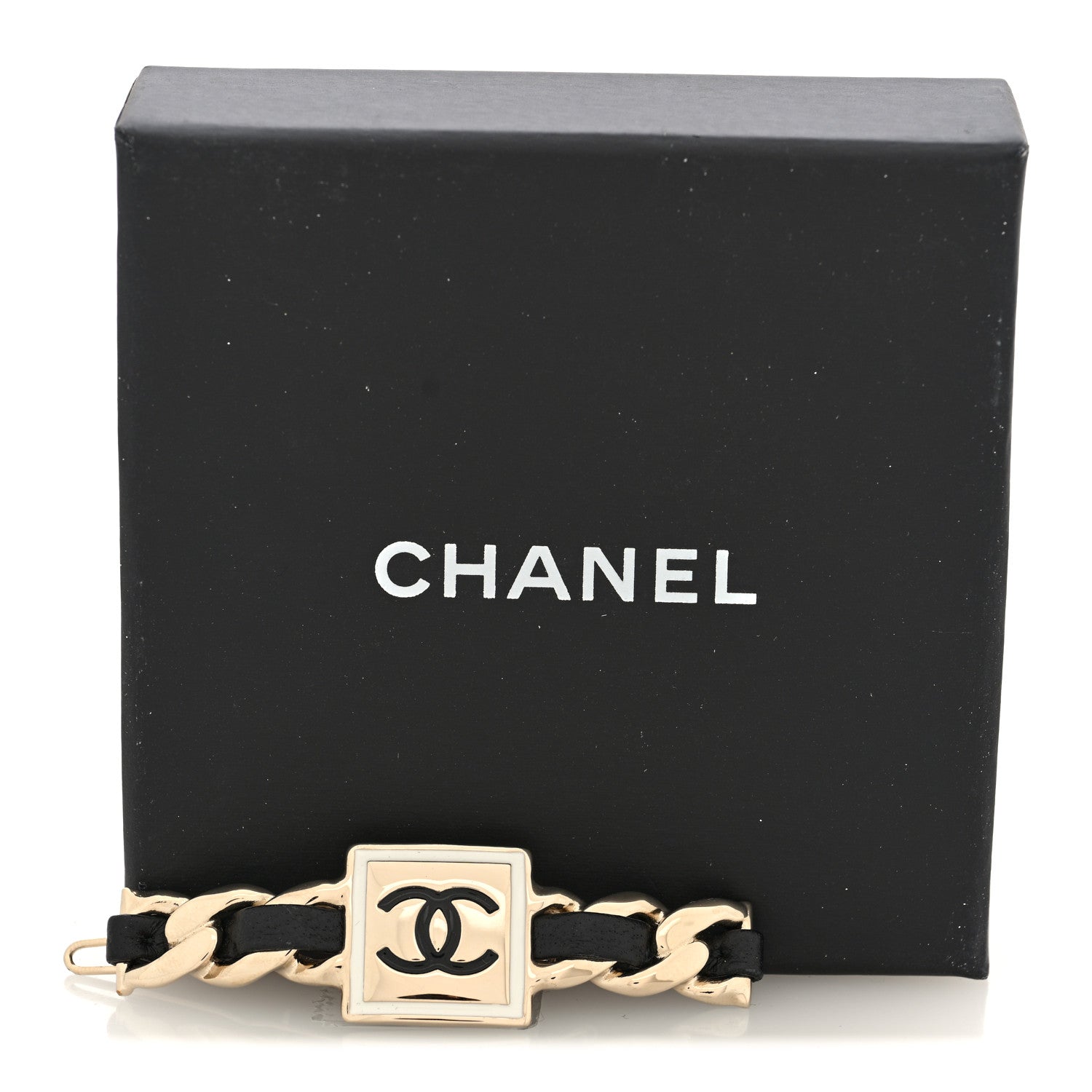 Metal Lambskin CC Square Hair Clip Gold White Black