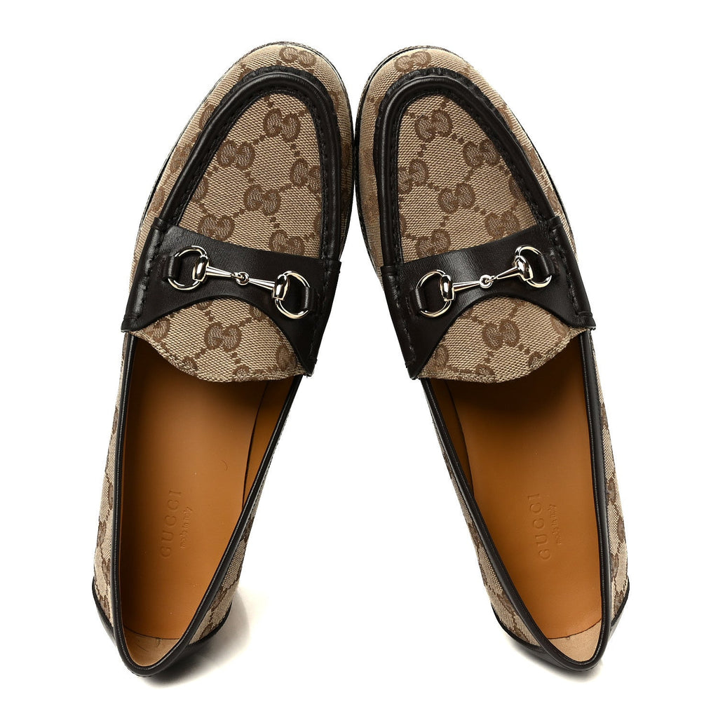 Gucci Canvas GG Monogram Horsebit Calfskin Womens Horsebit Platform Loafers 39.5 Beige Ebony Cocoa