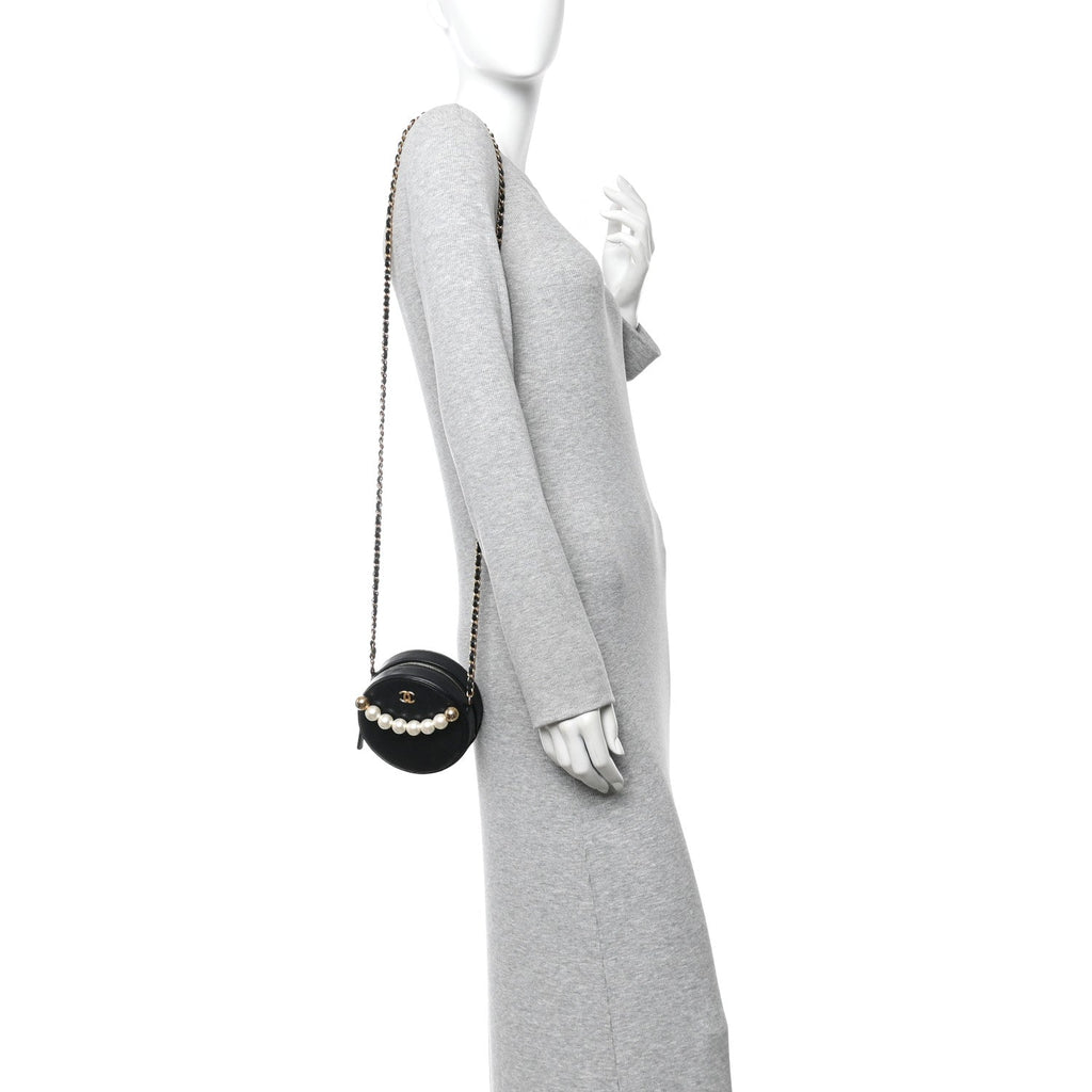 Chanel Goatskin Quilted Chic Pearls Chain Round Clutch With Chain Black