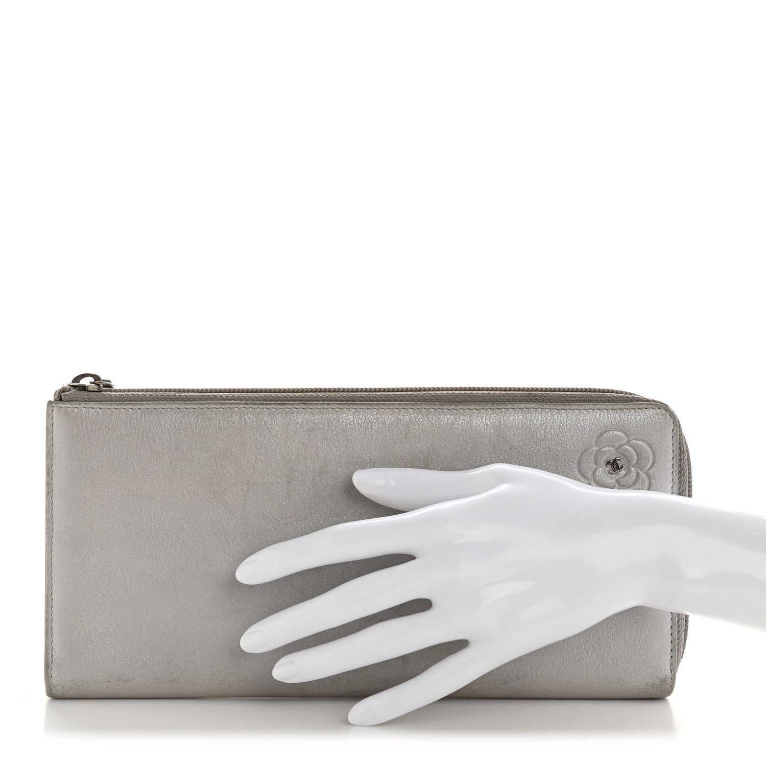 Metallic Goatskin Camellia Embossed Zip Around Wallet Silver