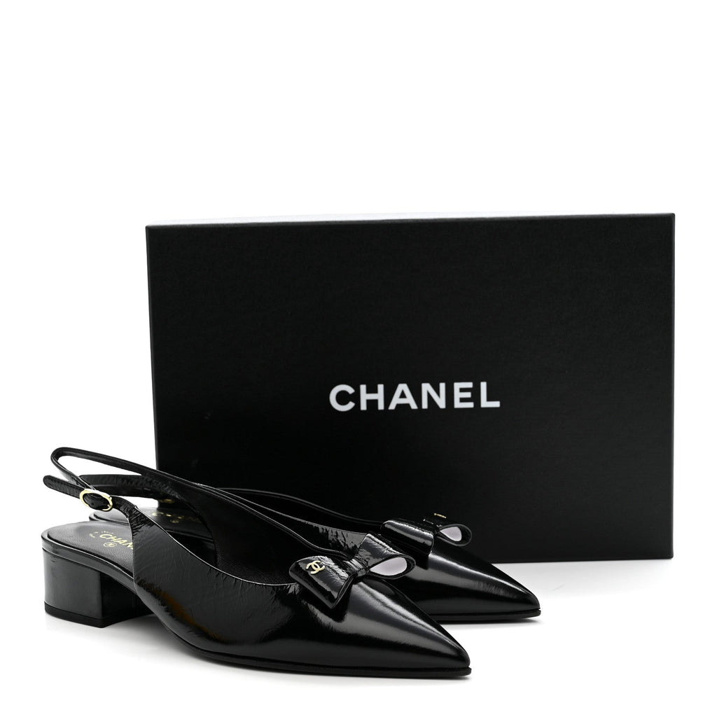 Crumpled Patent Calfskin CC Bow Slingback Pumps 38.5 Black