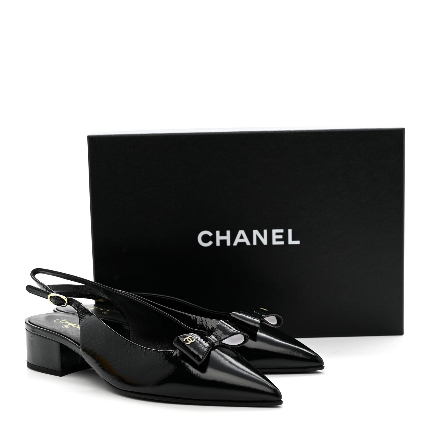 Crumpled Patent Calfskin CC Bow Slingback Pumps 38.5 Black