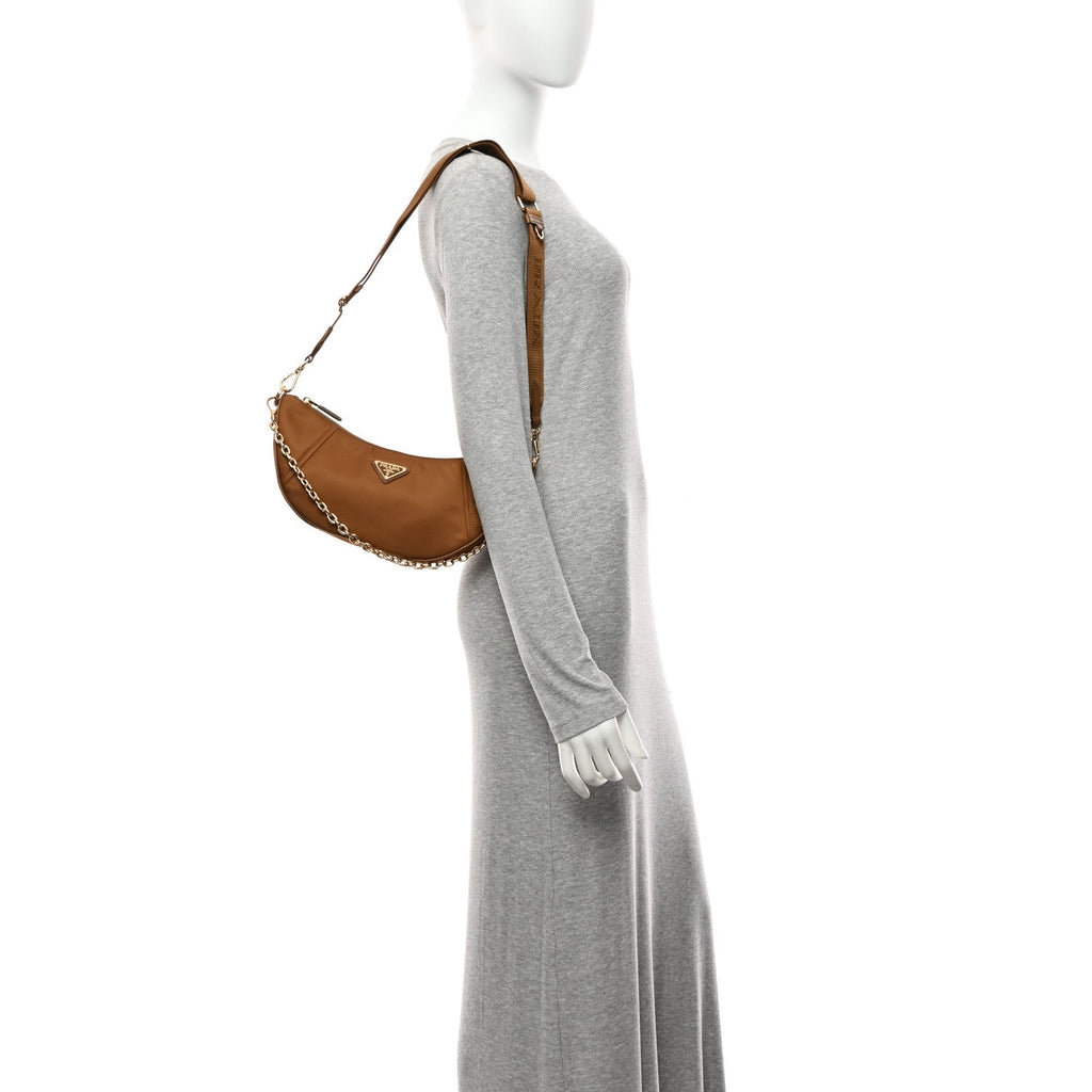 Prada Re-Nylon Saffiano Demi-lune Shoulder Bag Brandy