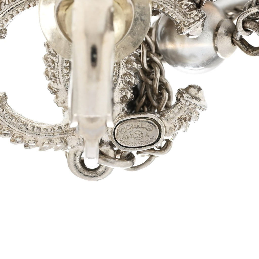 Metal Chain Pearl CC Drop Clip On Earrings Silver