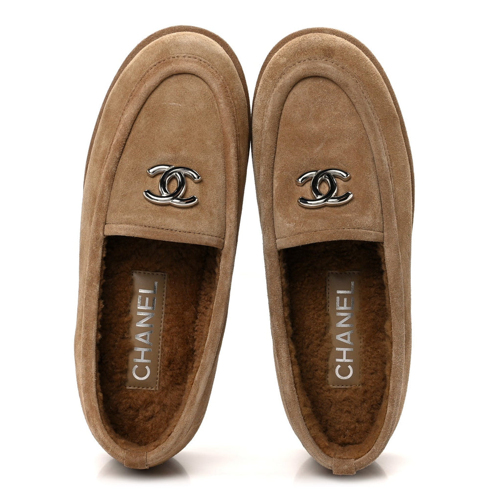 Chanel Suede Calfskin CC Loafers 36 Dark Beige