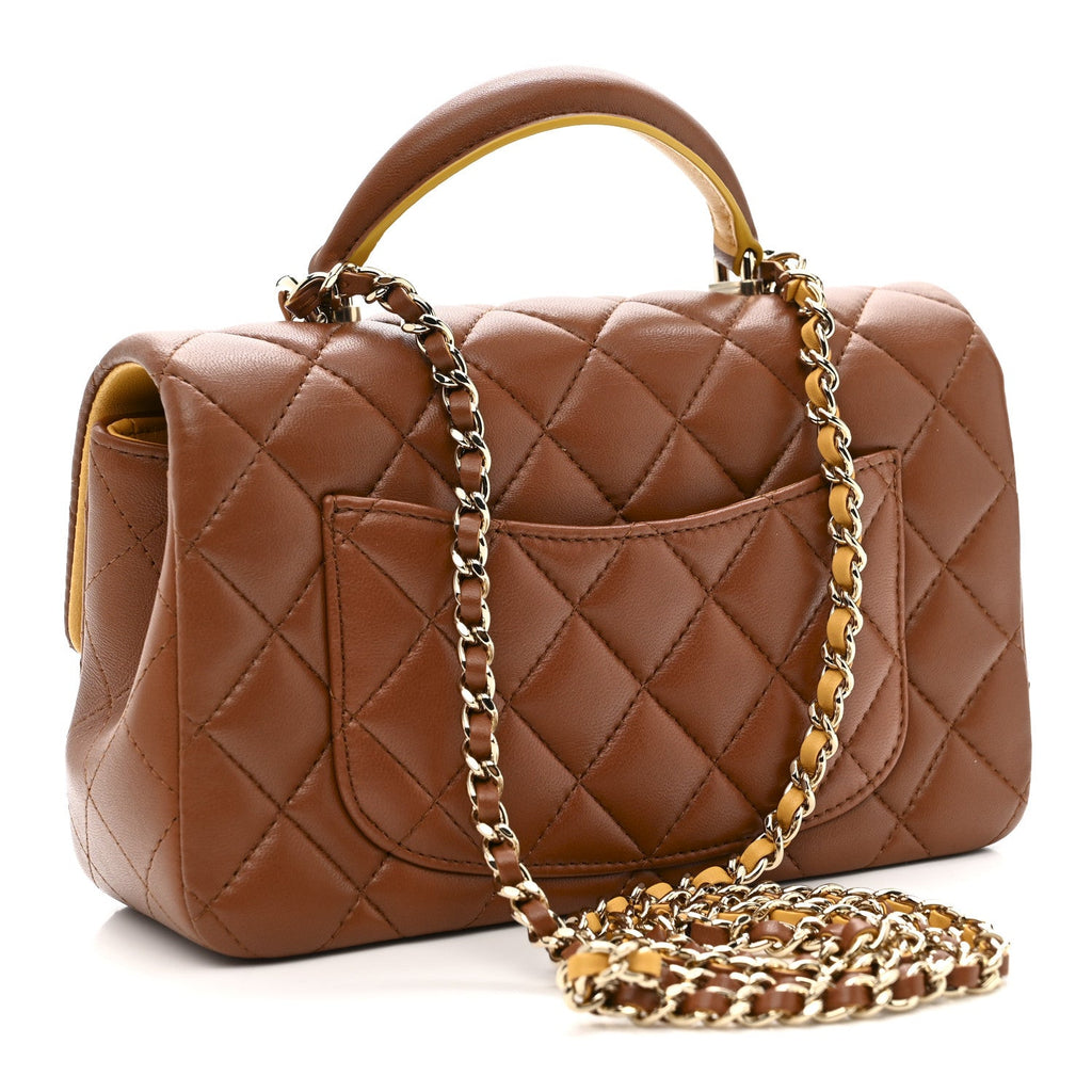 Chanel Lambskin Quilted Bi-Color Mini Top Handle Rectangular Flap Light Brown Yellow