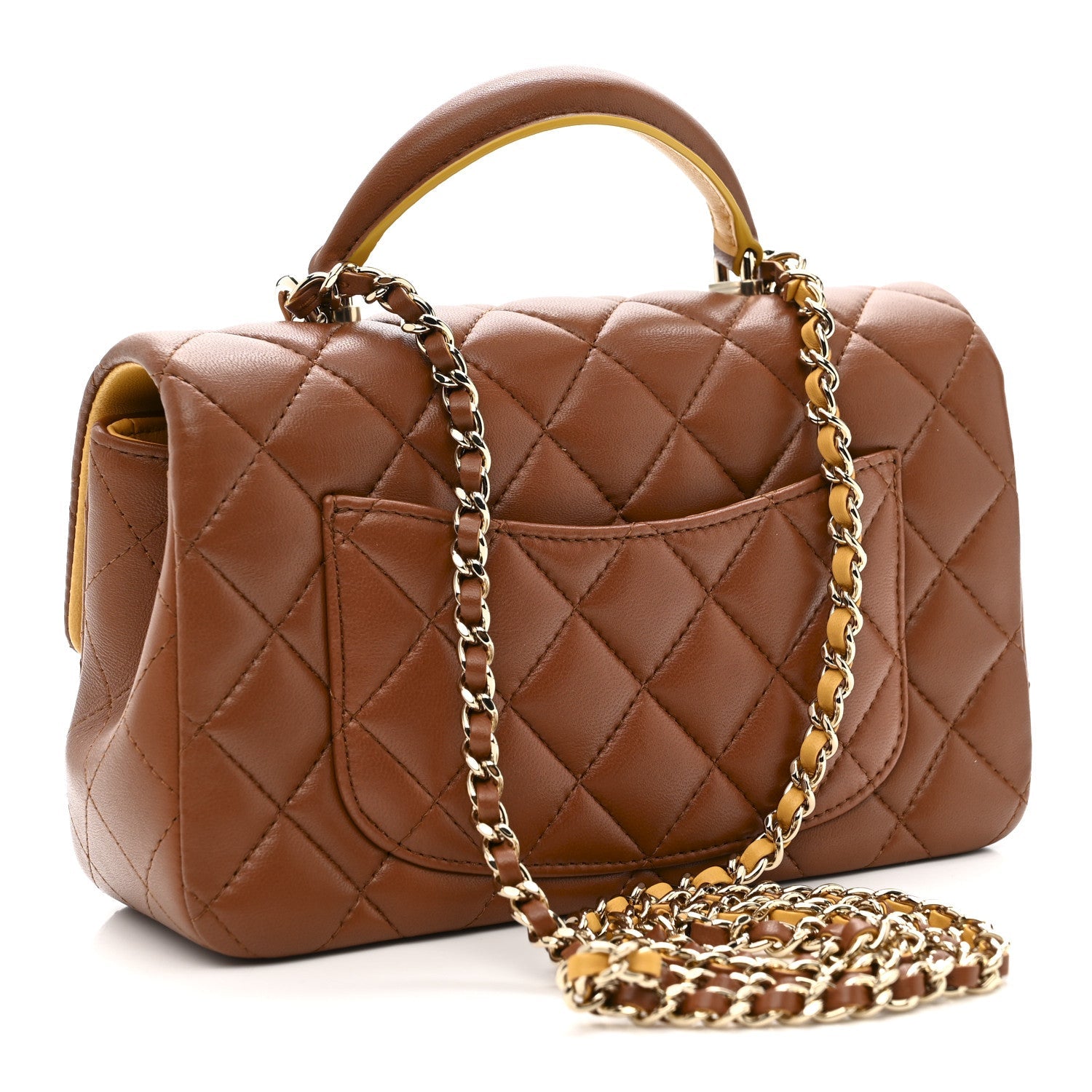 Chanel Lambskin Quilted Bi-Color Mini Top Handle Rectangular Flap Light Brown Yellow