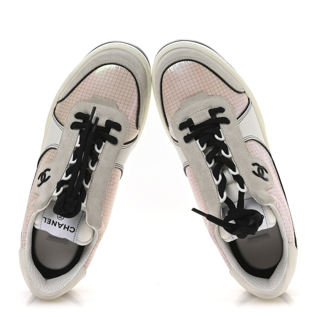 Chanel Suede Fabric Calfskin Womens CC Sneakers 40.5 Pink Grey White